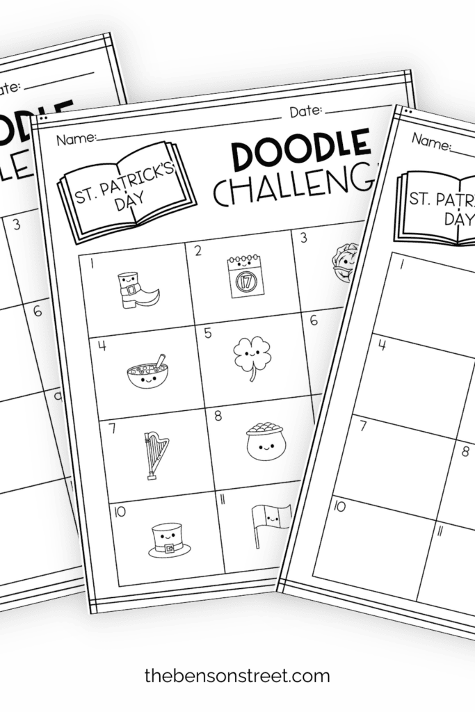 Three sheets of St. Patrick's Day doodles free printables in a fanned out stack