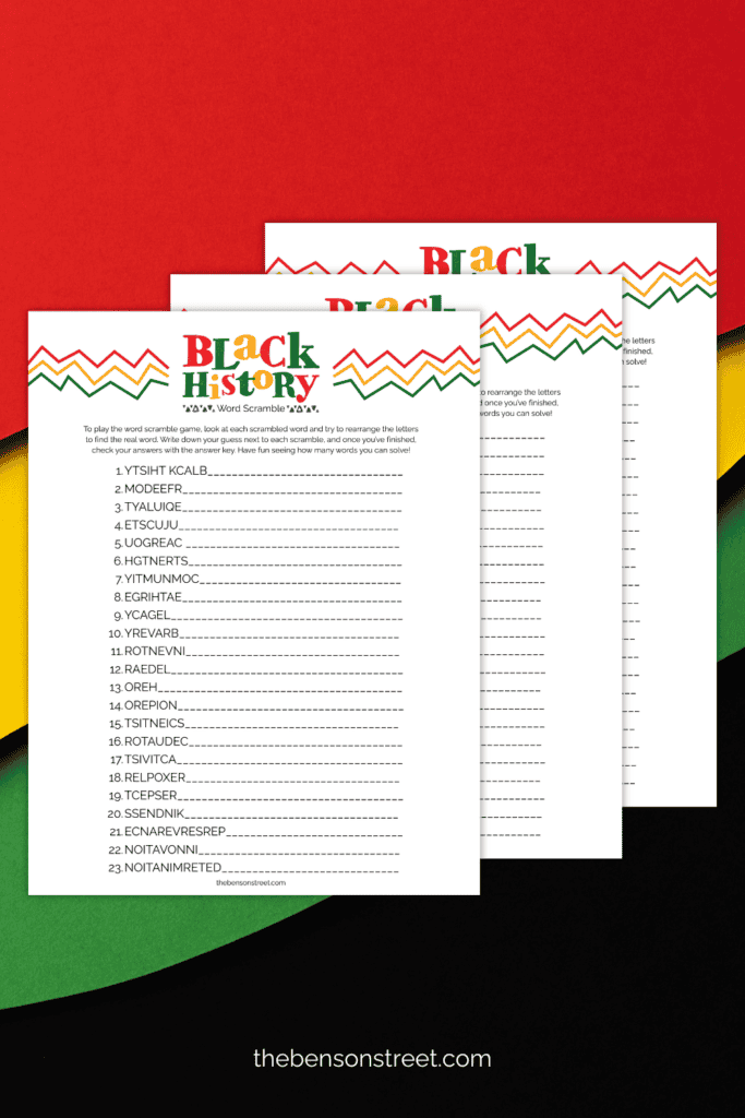 Three sheets of a word scramble for Black History Month Free Printable
