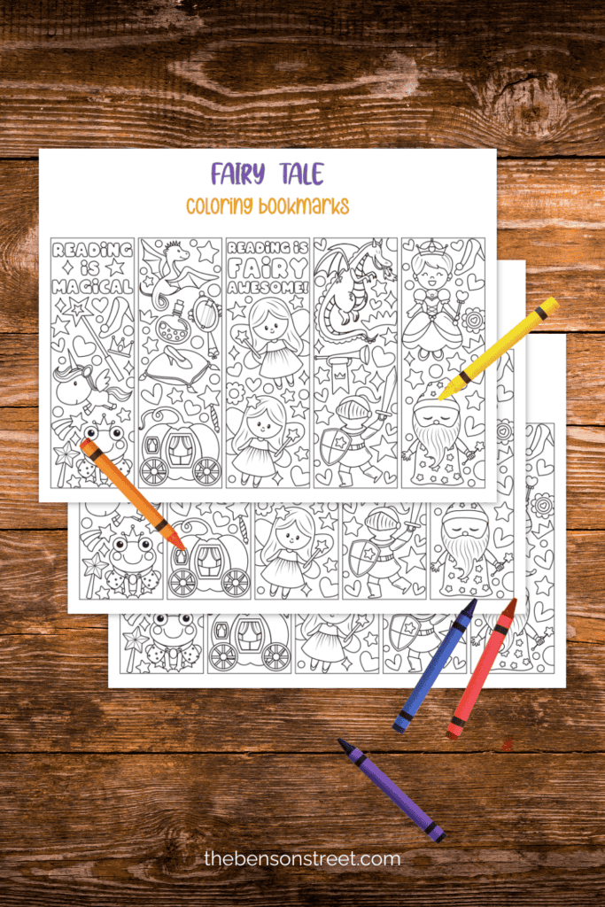 Three sheets of coloring bookmarks with crayons laying around and a fairy tale theme