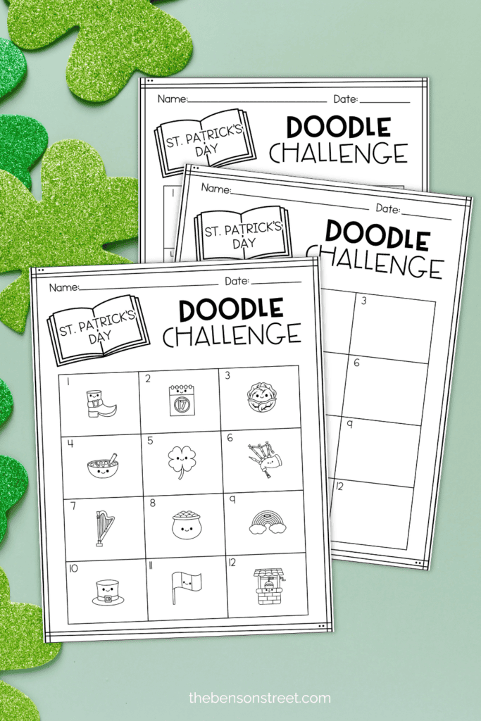 Three sheets of doodling prompts for kids to draw on March 17th