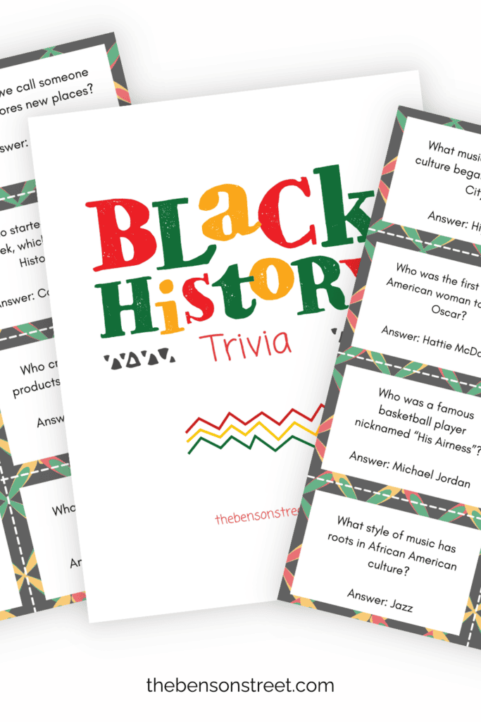 Three sheets of printable trivia questions in a fanned out stack for African American History Month