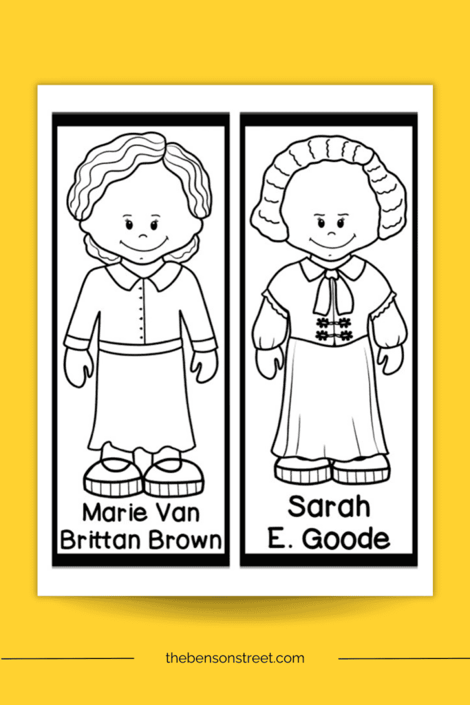 Two African American Women inventors on bookmarks to color in