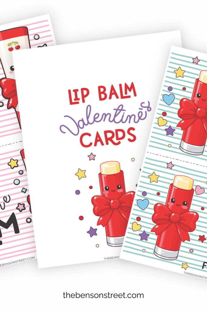 Two different lip balm valentine cards in a fanned out stack