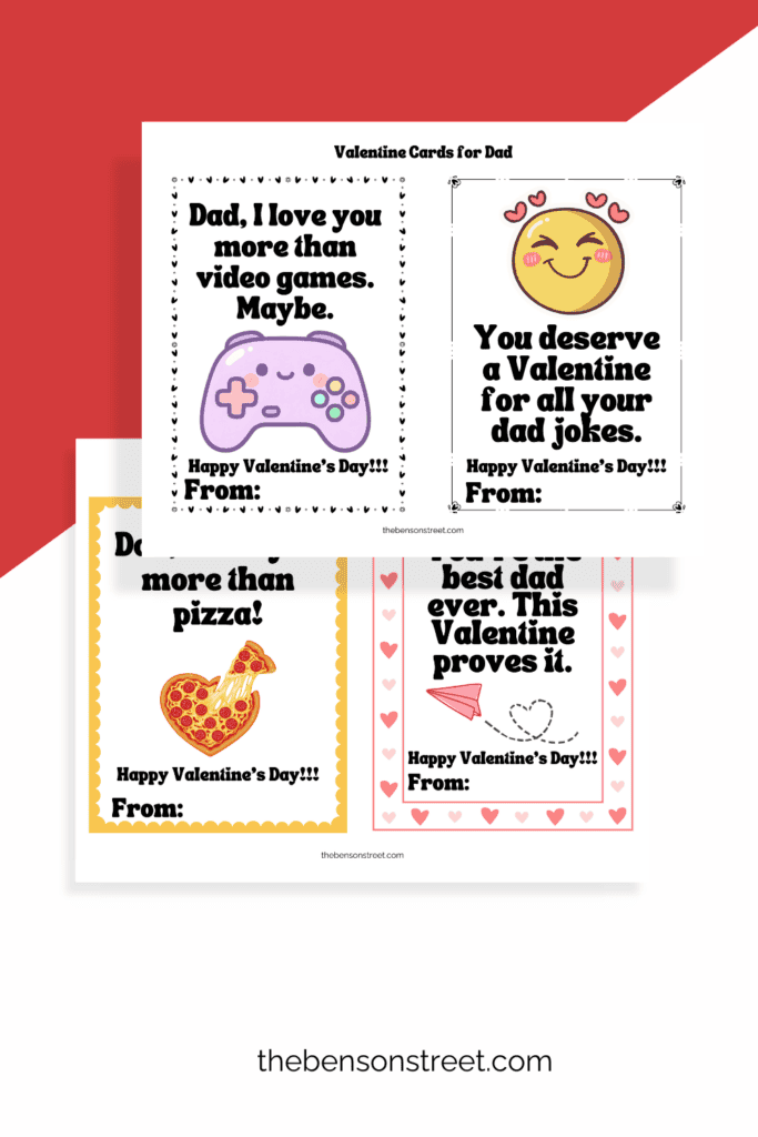 Two pages with four different dad valentines from kids cards