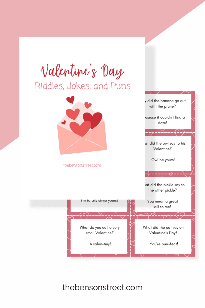 Two printed out pages of Valentine's Day jokes for kids to print out 