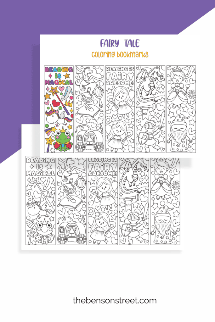 Two sheets of Fairy Tale Coloring Bookmarks with a Reading is Magical Bookmark Colored in