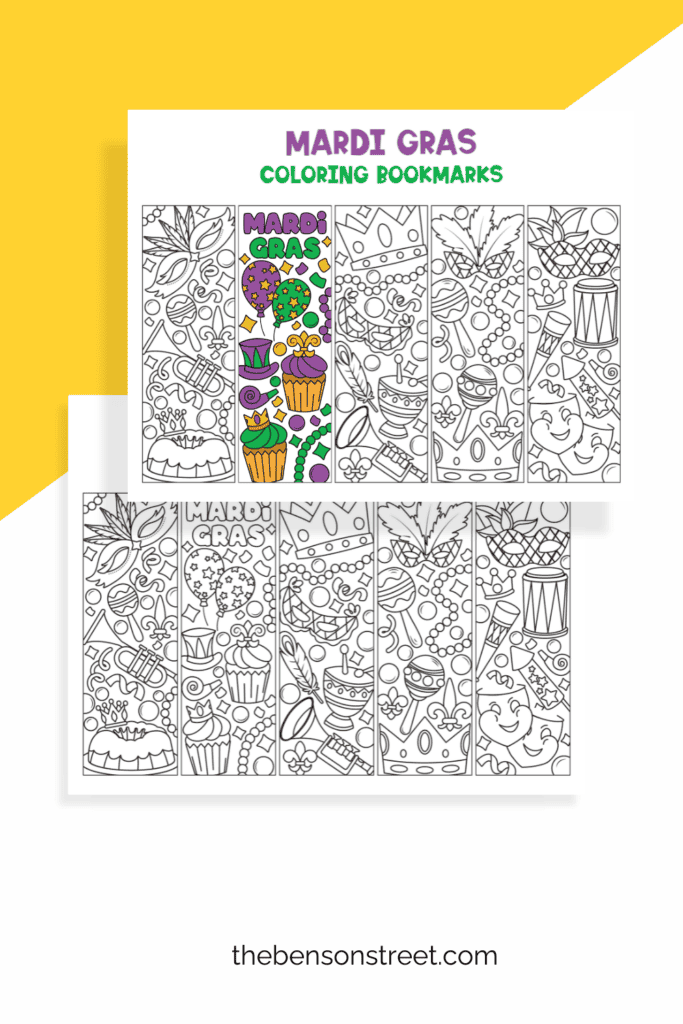 Two sheets of Mardi Gras themed bookmarks to color in with one bookmark colored with purple, green, and gold