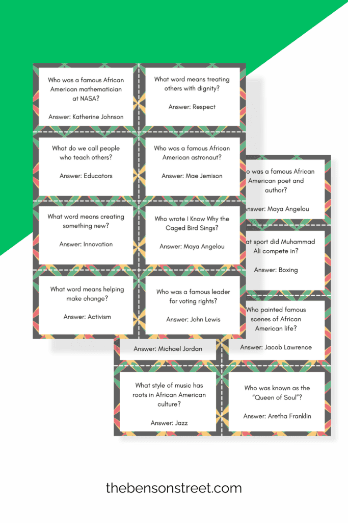 Two sheets of trivia questions for teaching kids about Black History