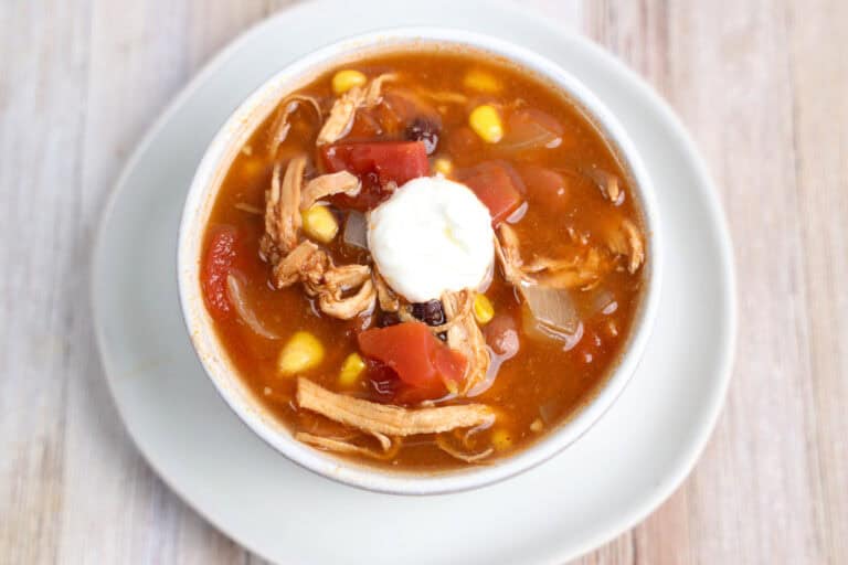 Upclose shot of a bowl of chicken enchilada soup recipe