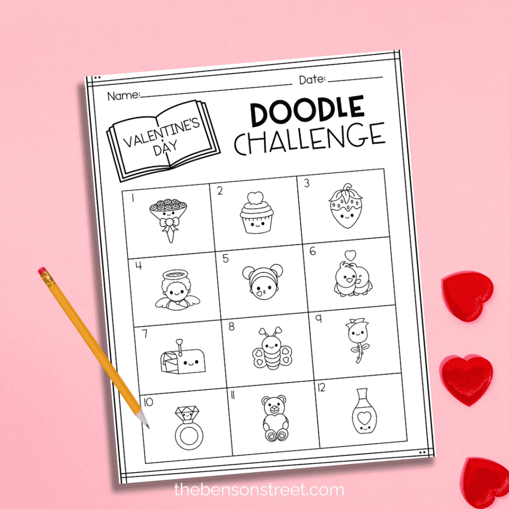 Valentine's Day Doodle Challenge for Kids with a pencil on top