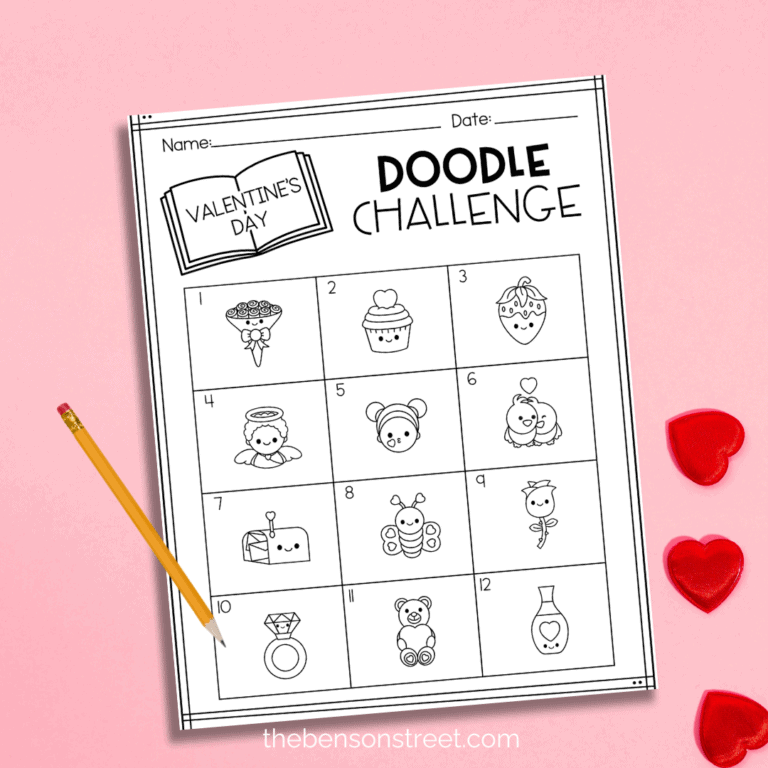 Valentine's Day Doodle Challenge for Kids with a pencil on top