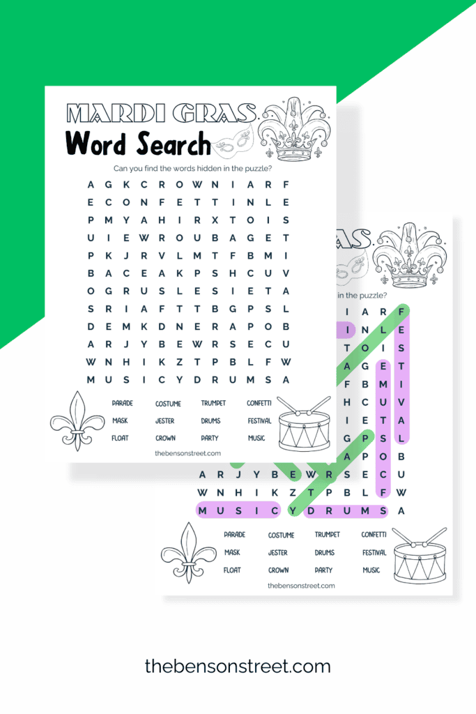 Word Search for Mardi Gras with answer key free printable