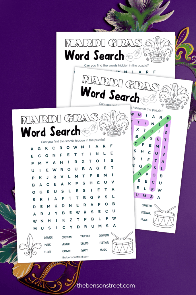 Word search and answer key for fat tuesday or mardi gras 