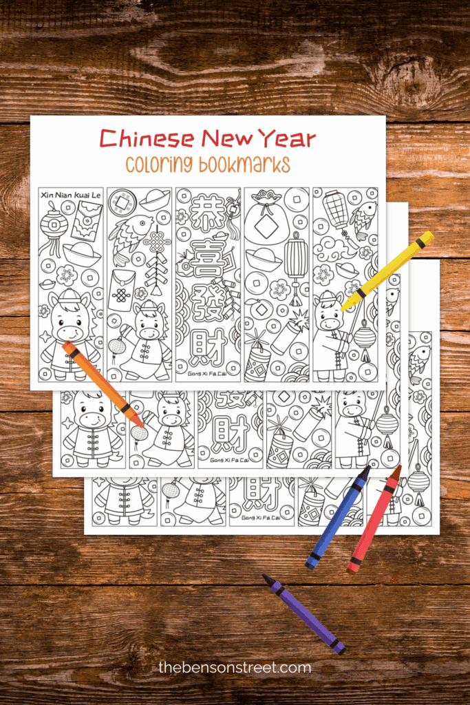 Year of the Horse Chinese New Year Coloring Bookmark pages with crayons laying around