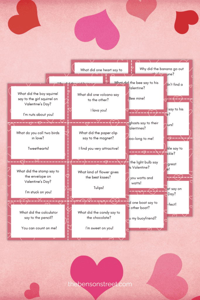 three sheets full of kid Valentine jokes for the whole family