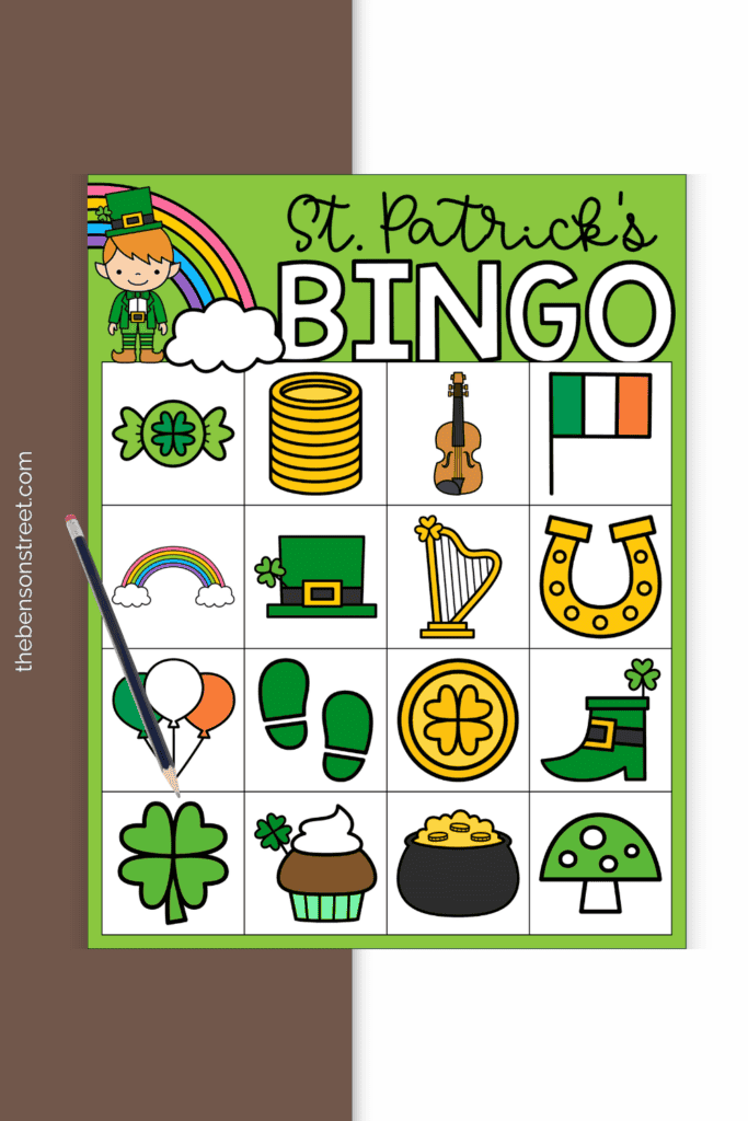 A bingo card for St. Patrick's with a pencil on top