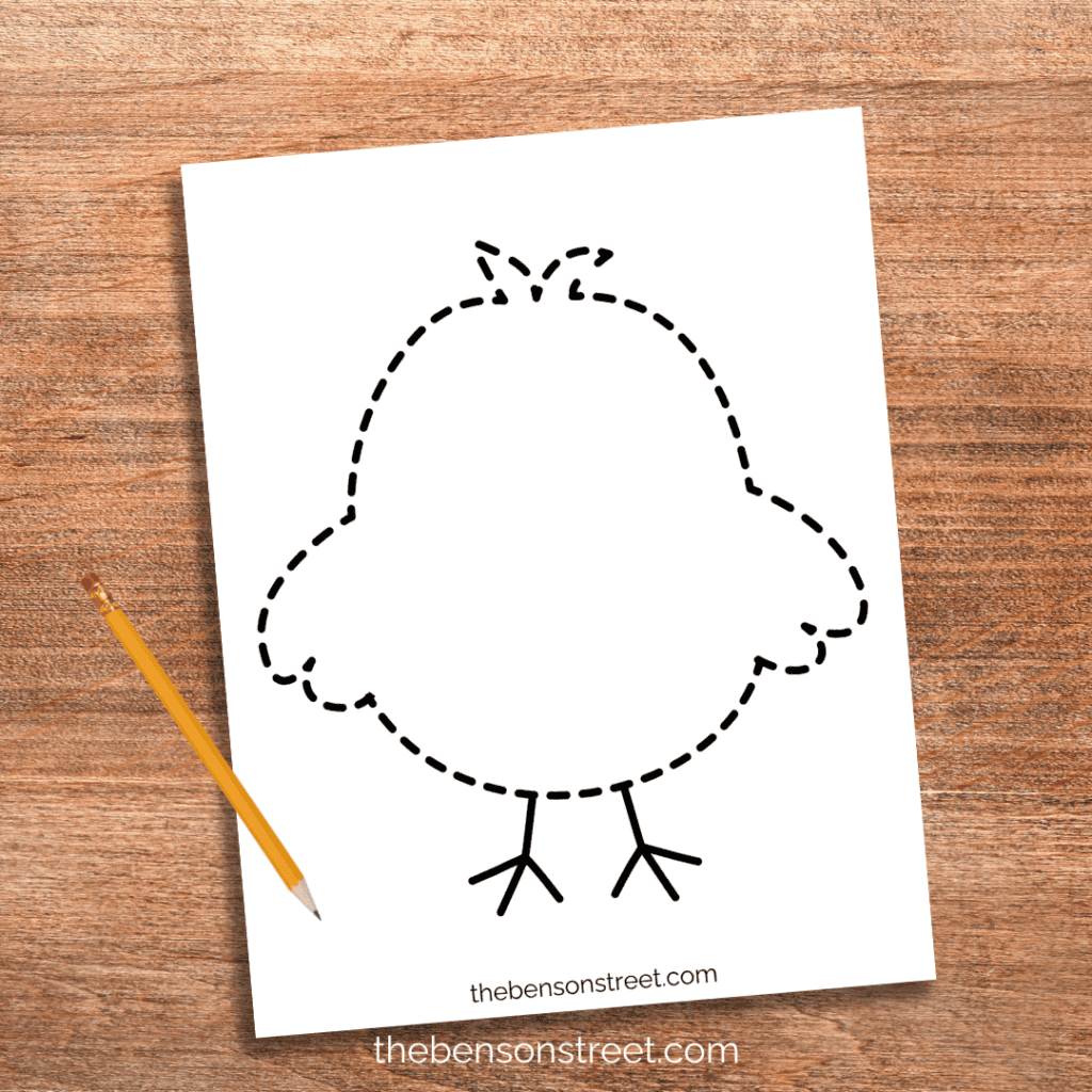 A cute Easter chick outline template with a pencil on top