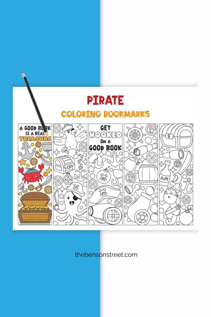 A free printable sheet of coloring bookmarks with a pencil on top