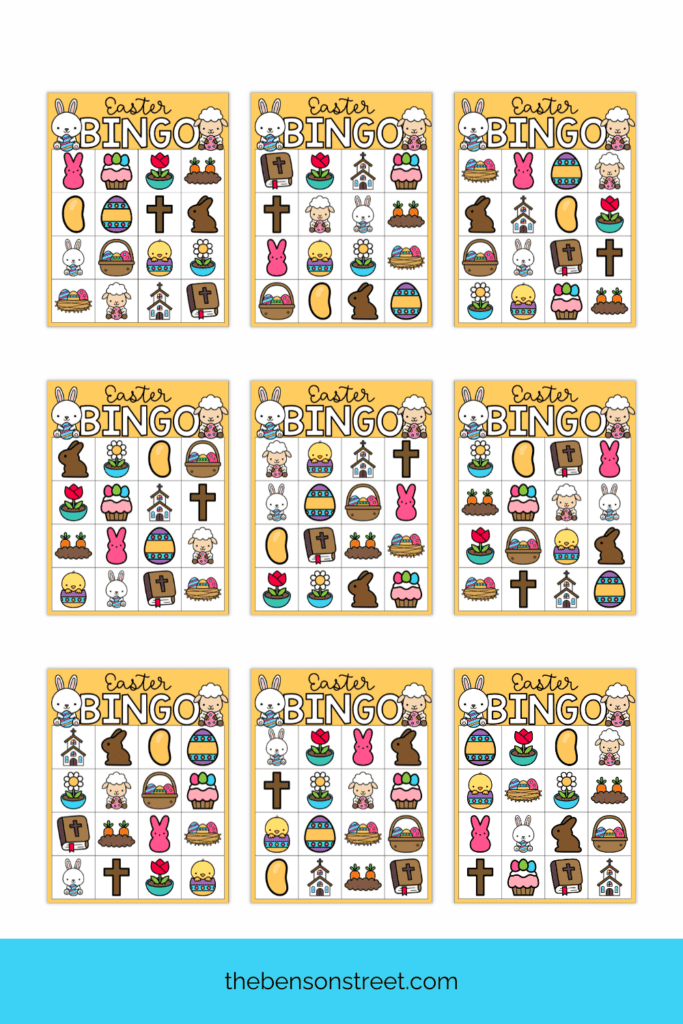 A huge set of unique bingo cards for an Easter themed classic game for kids