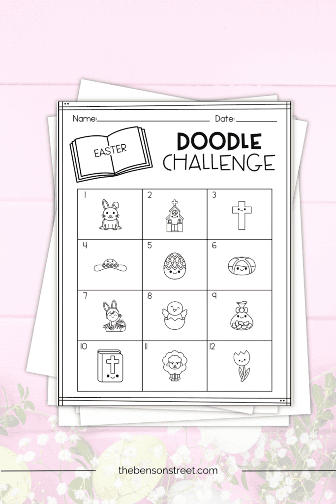A stack of papers with an easter doodle sheet on it