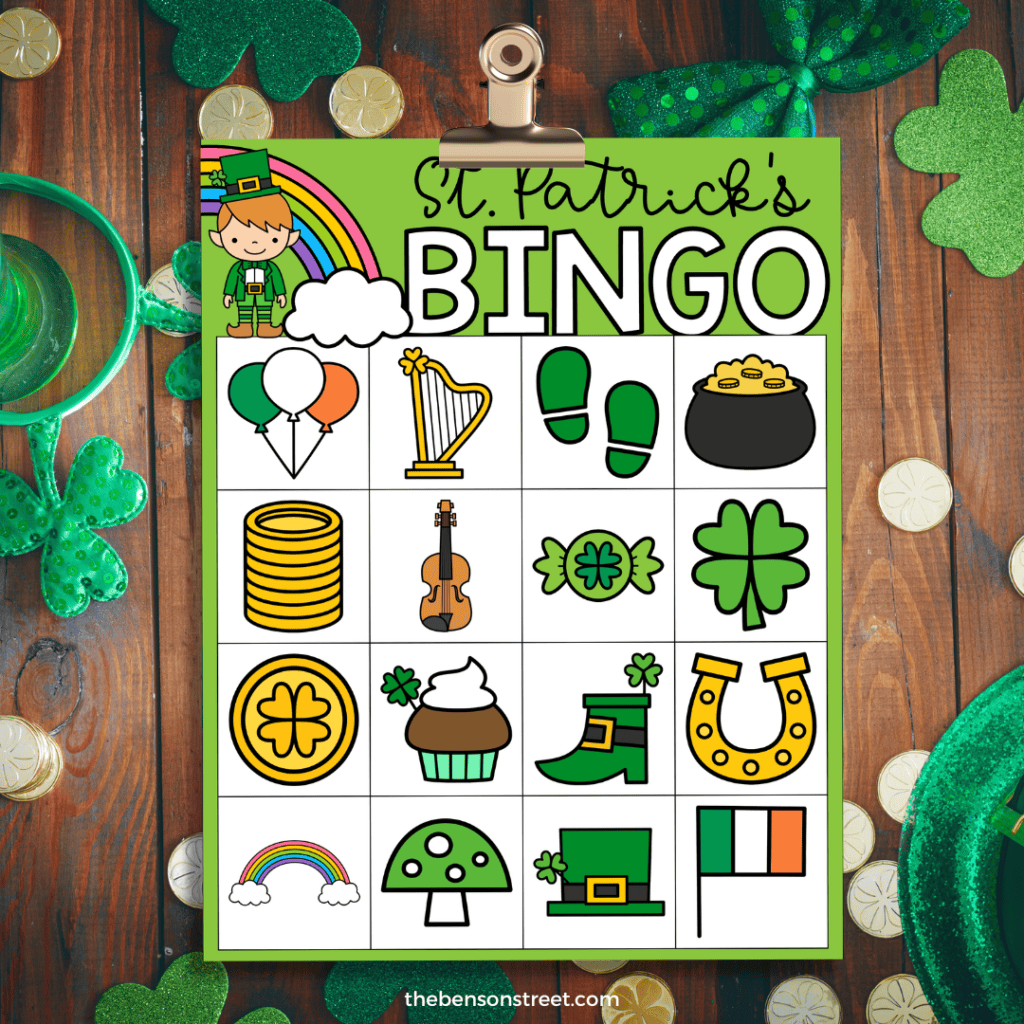 Clip with a bingo board with shamrocks, green, and other irish themed objects ready to play