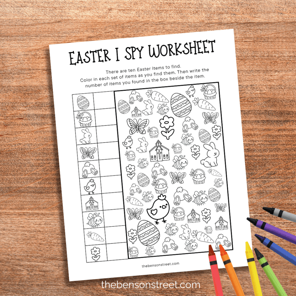 Easter I Spy Worksheet to Count and Color with crayons