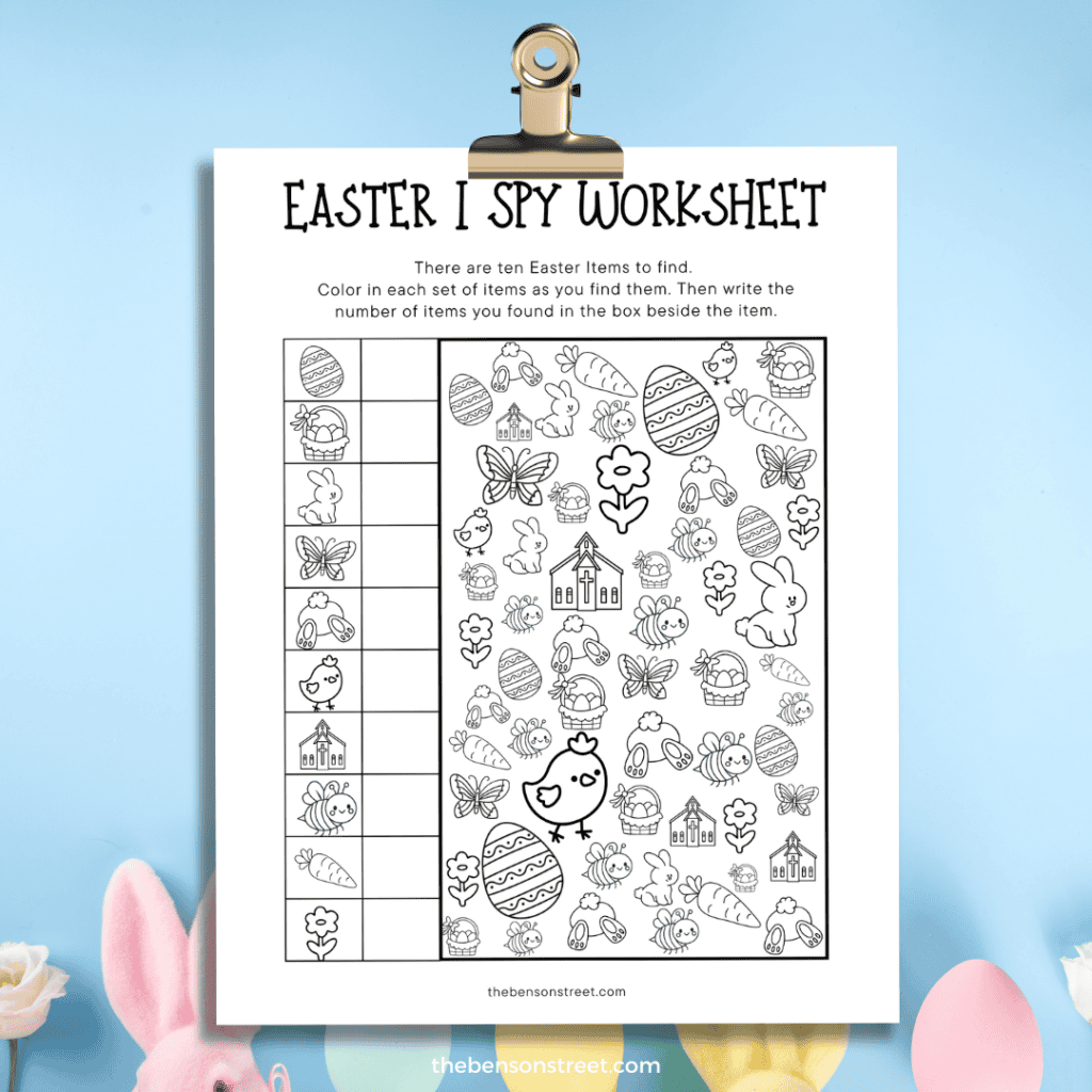 Easter I spy Worksheet on a clip ready to color