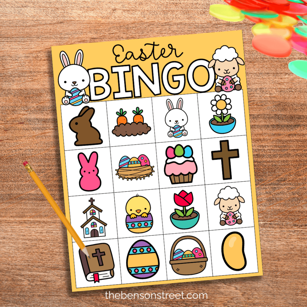 Easter bingo Card with chips and pencil by it