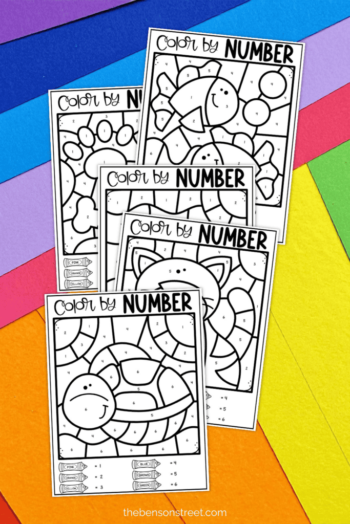 Five different color by number coloring pages featuring pets and animals