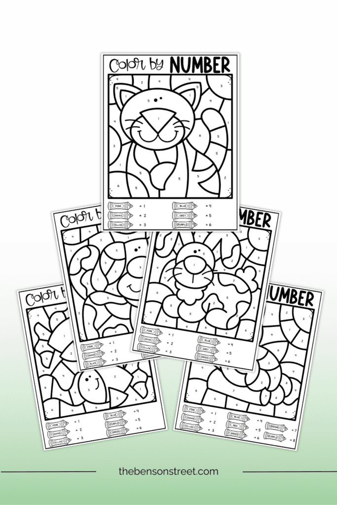 Five different pet color by number sheets for kids