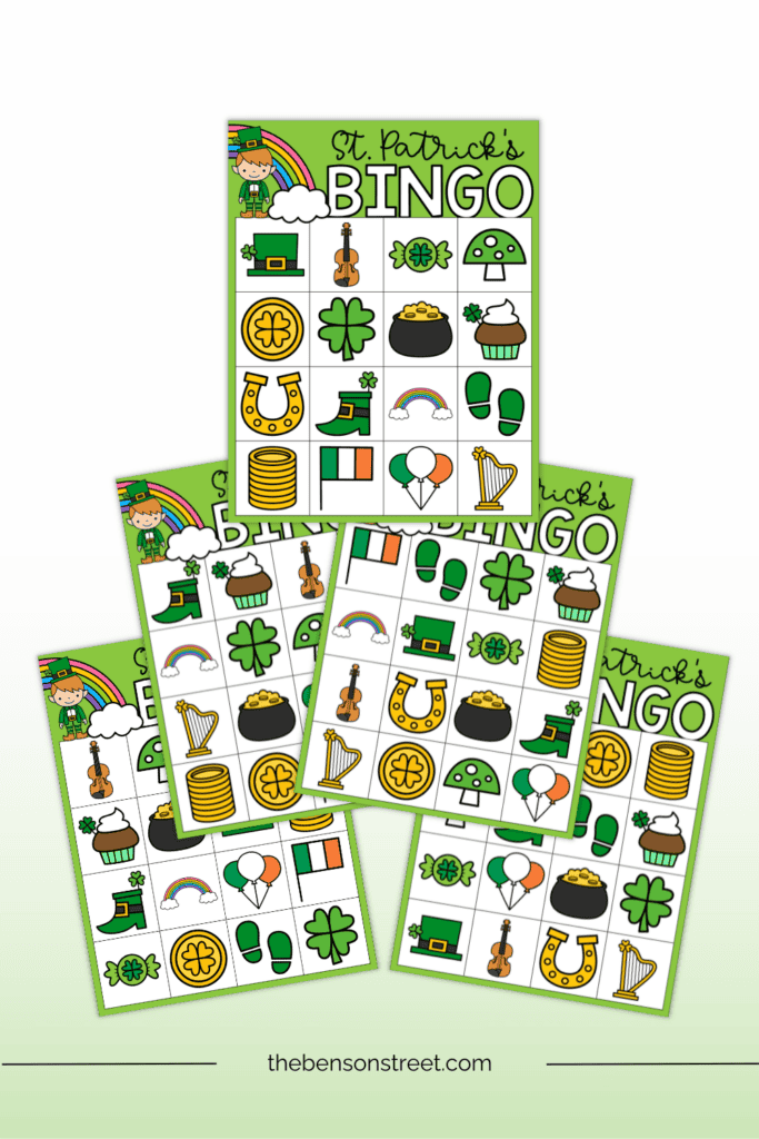 Five different unique st. patrick's day bingo boards in a stack