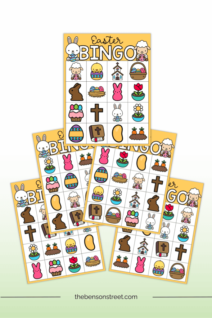 Five unique printable bingo cards with easter items on them