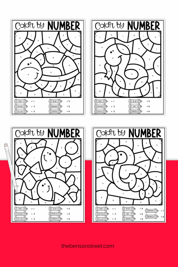 Four Pet color by number pages free printables
