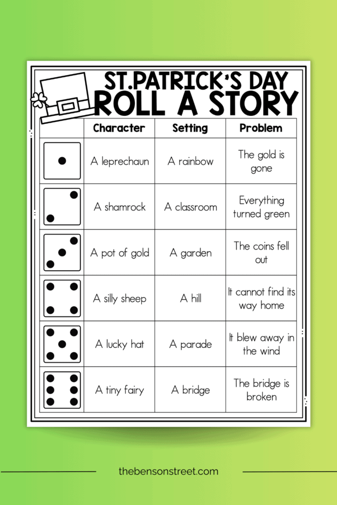 Free Printable St. Patrick's Day Roll a Story creative writing activity 