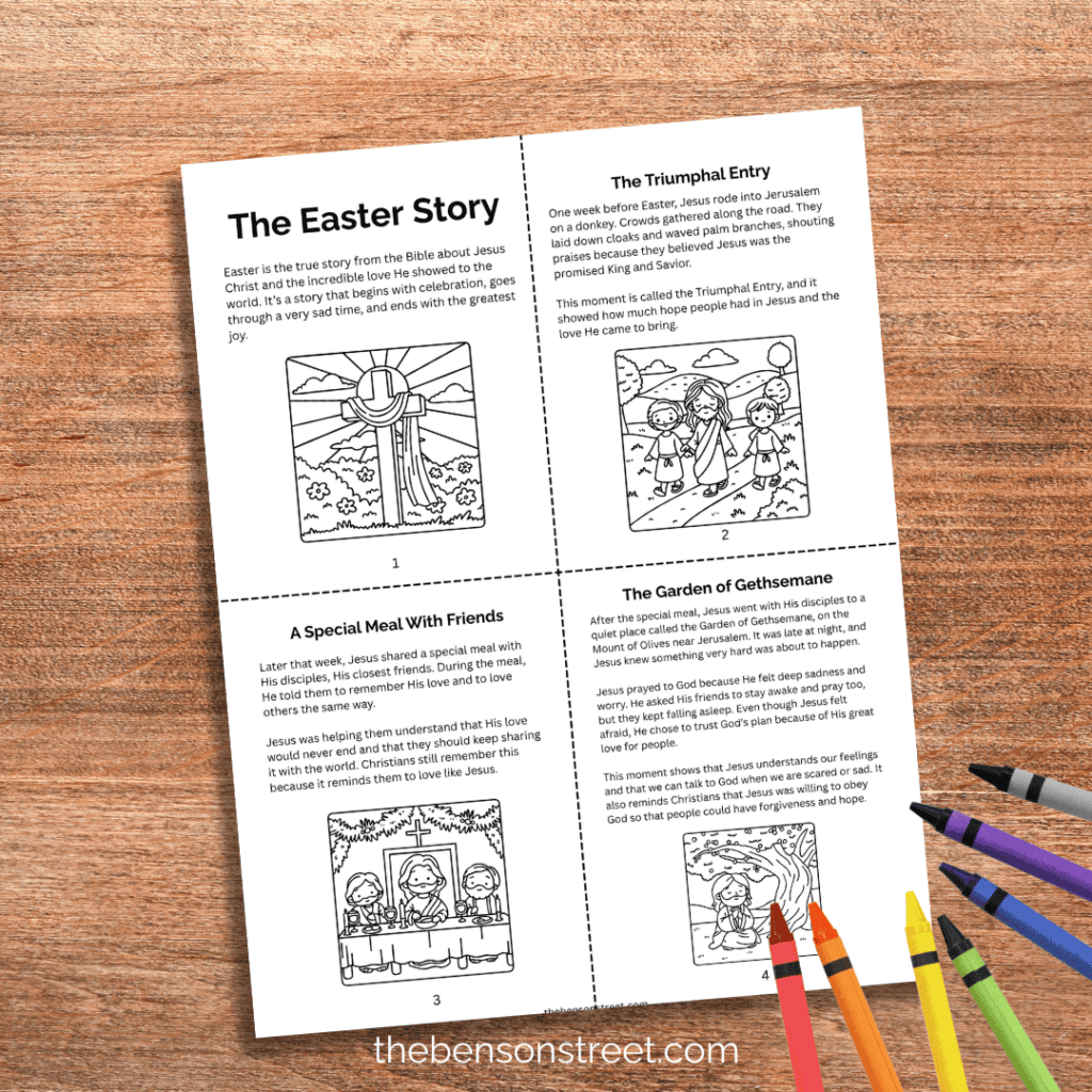 Free Printable The Easter Story with crayons ready to color