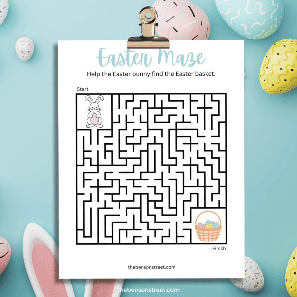 Free printable Easter Bunny Maze for kids on a clipboard