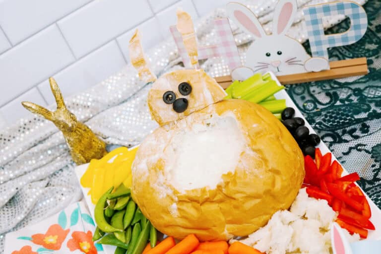 Overhead shot of a bunny shaped dip bread bowl