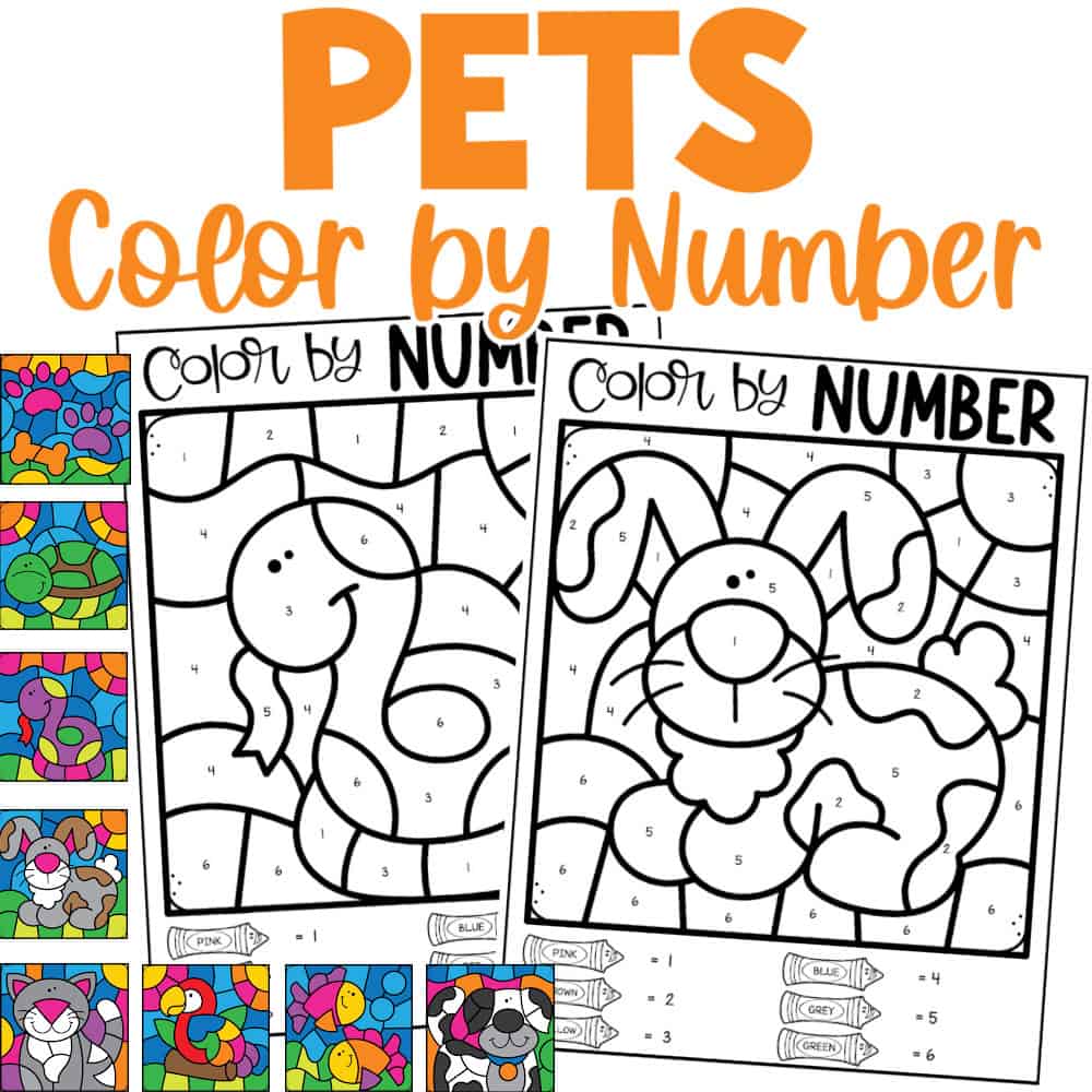 Pets color by number pages with colored examples