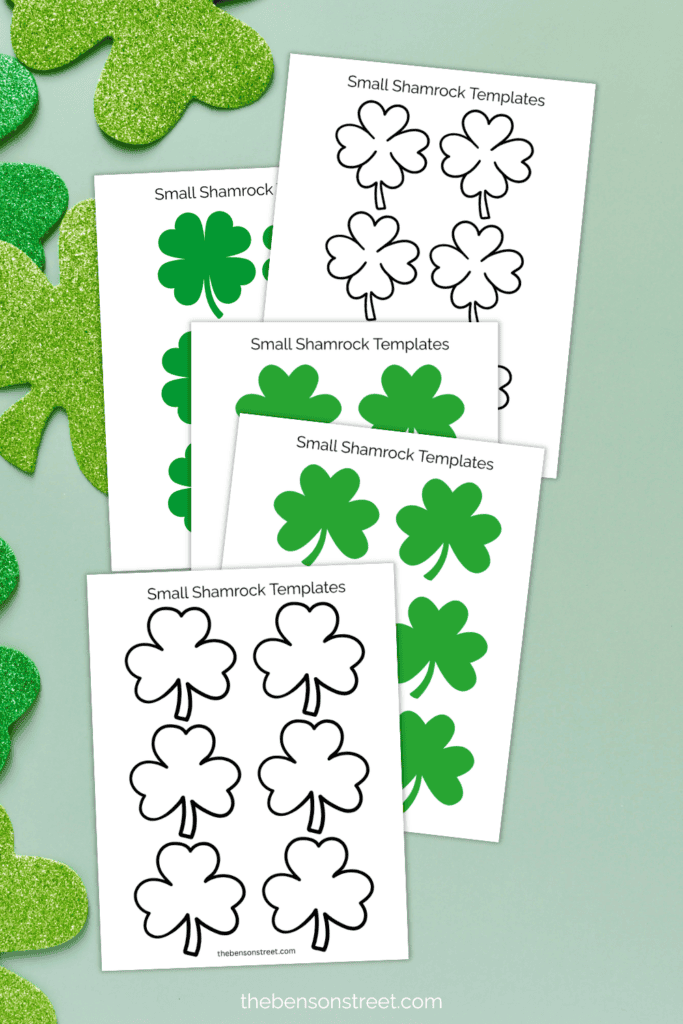 Pages of small shamrock templates to make crafts with on a green background