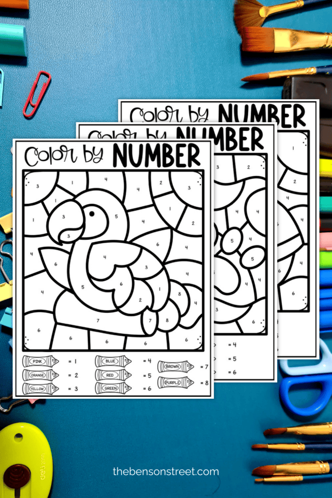 Parrot and other coloring by number pages with color keys