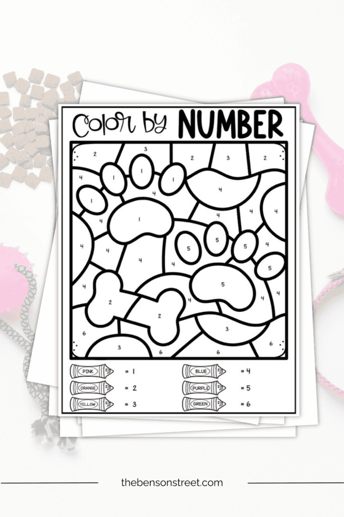 Paw prints pet color by number page with a bone
