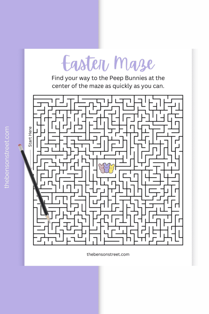 Peep Bunnies at the center of a maze for kids with a pencil on top