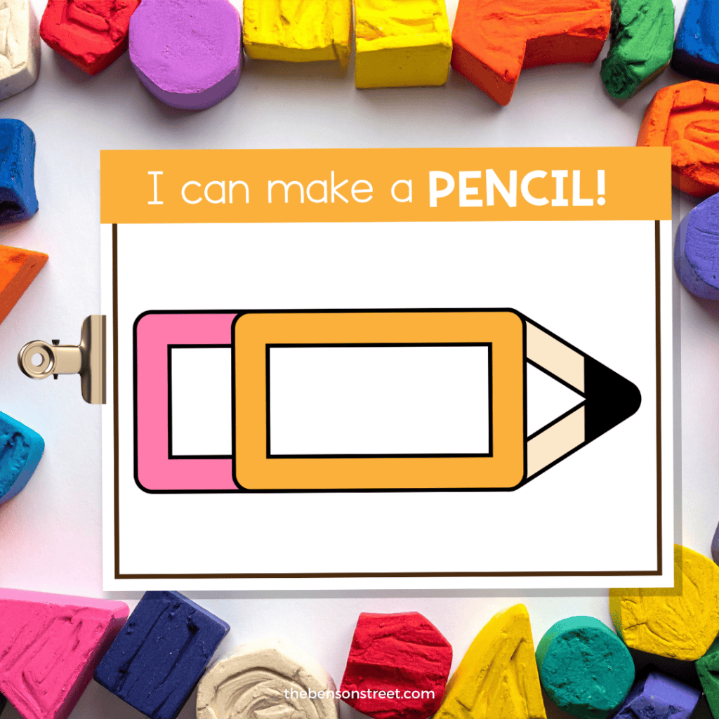 Pencil playdoh mat on a clipboard with playdough around it