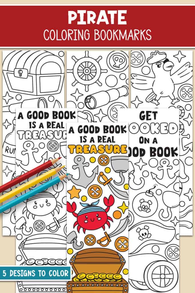 Pirate Coloring Bookmarks flat lay with colored pencils