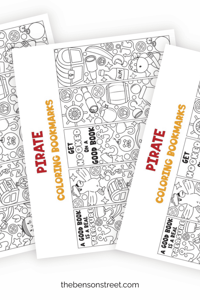 Pirate Coloring Bookmarks with three sheets in a fanned out pile 