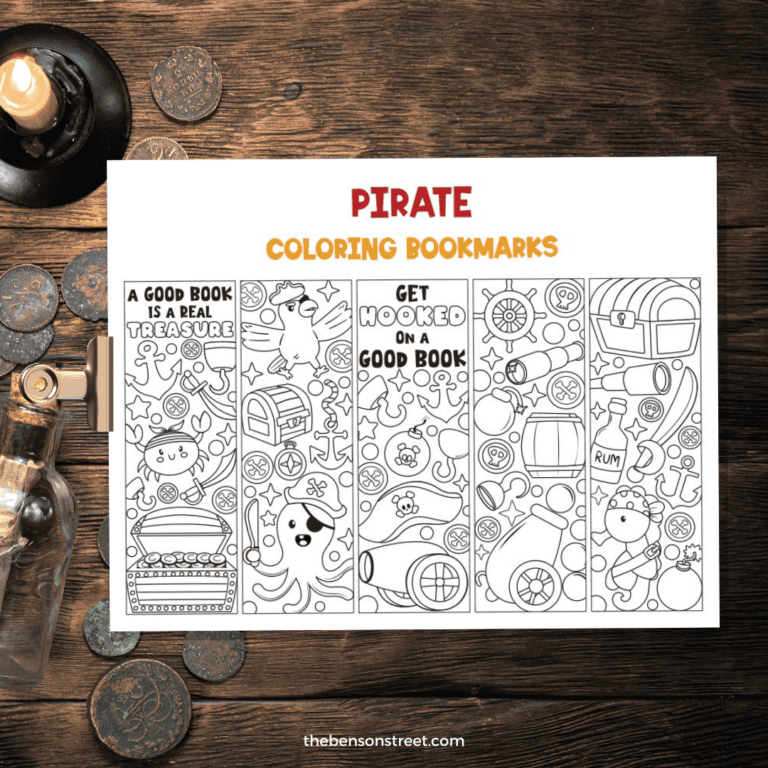 Pirate coloring bookmark sheet on a wood background
