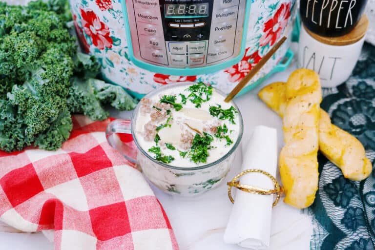 Quick and easy italian potato soup in a mug shot from overhead