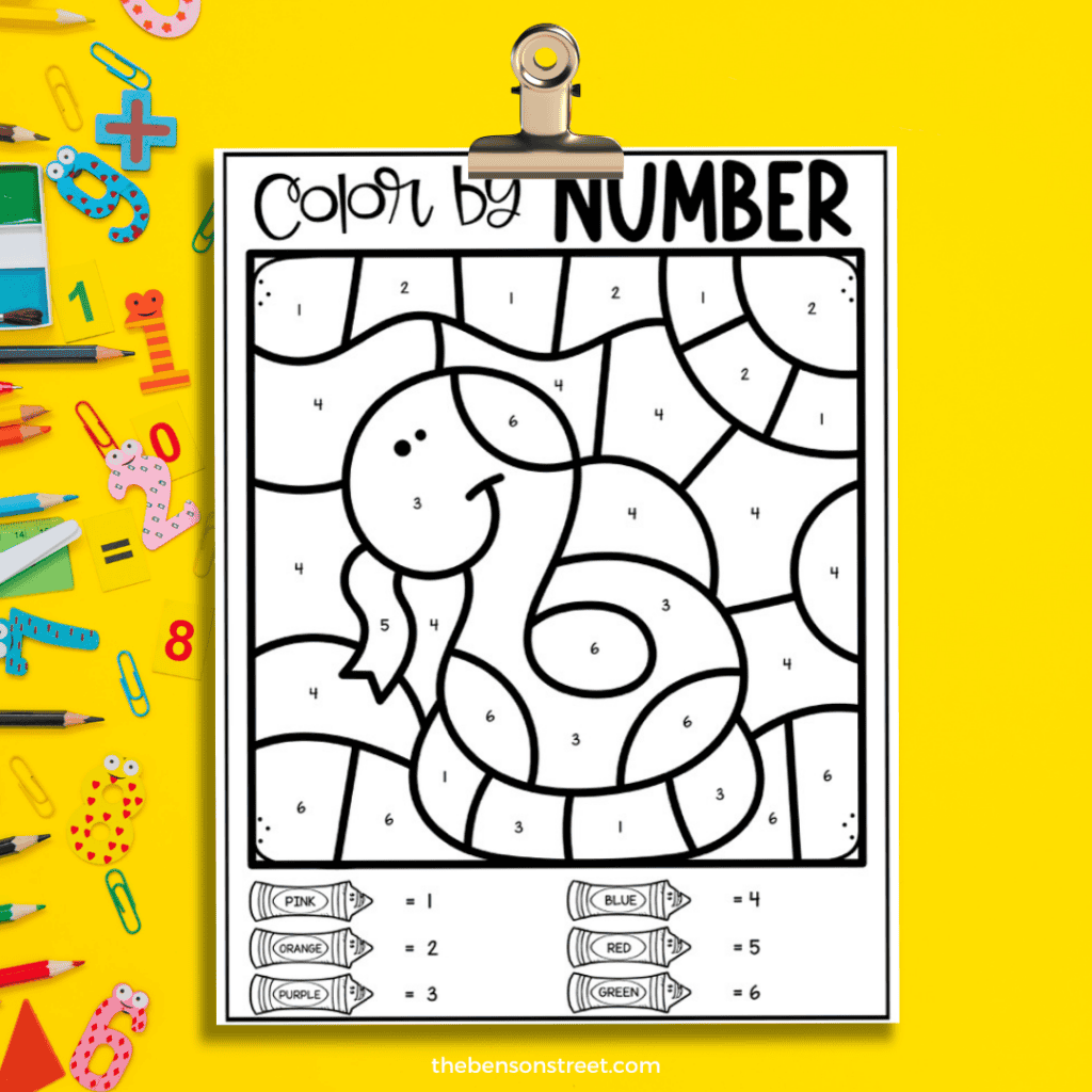 Snake pet color by number page on a clip