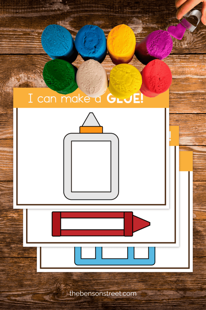 Three different play dough mats featuring glue, crayons and a school on a table with playdough
