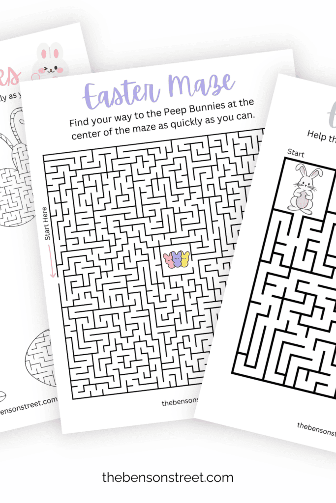 Three free sheets of Easter Mazes for Kids in different levels of difficulty